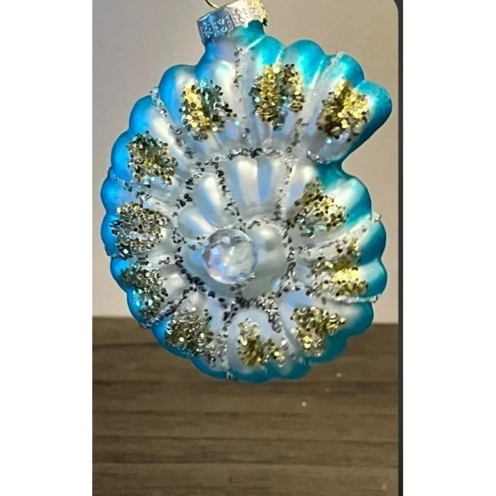 Glass Seashell Christmas Ornament Turquoise Blue Gold Glitter Jeweled 3.5